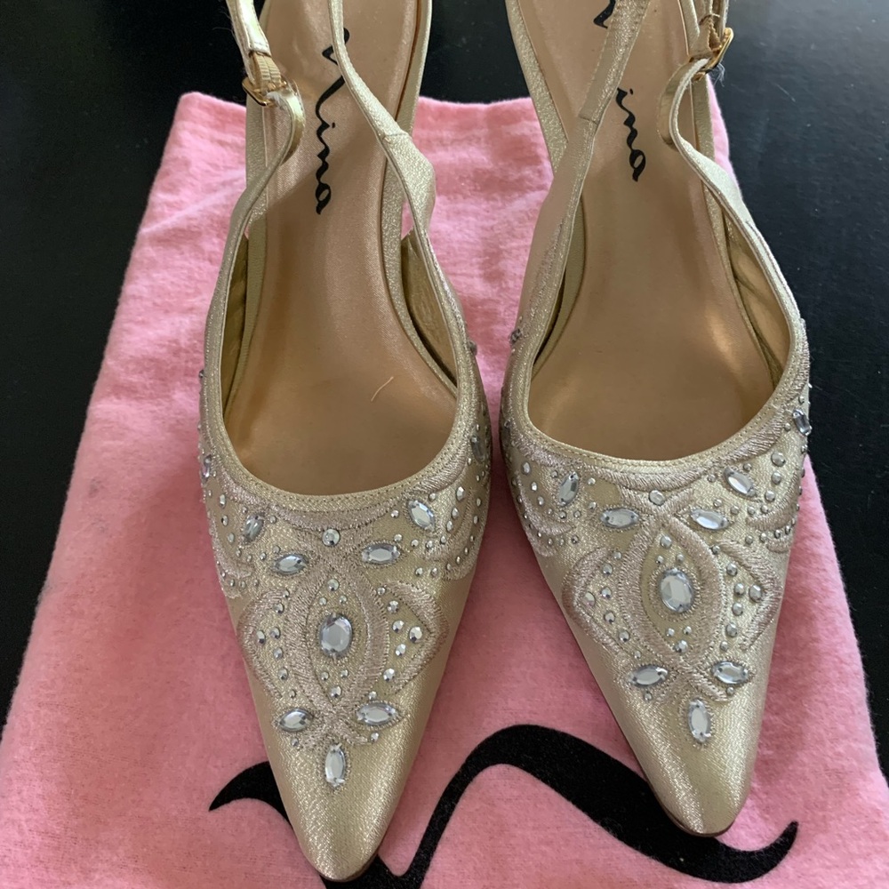 Nina Gold Slingback Heels with Crystal Embellishments